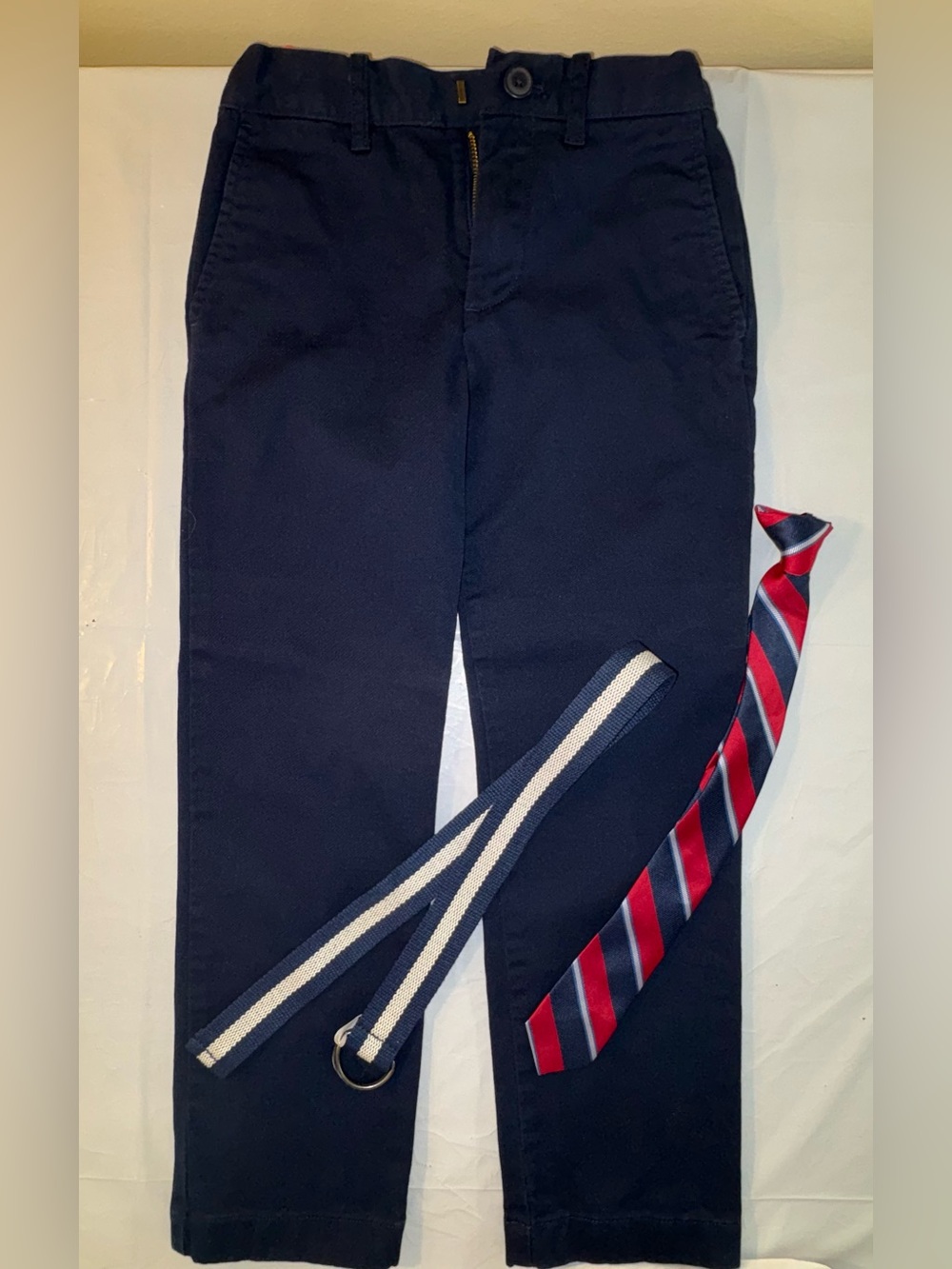 Like New Navy Trousers Size 7 Slim, Striped Tie, Cloth Belt